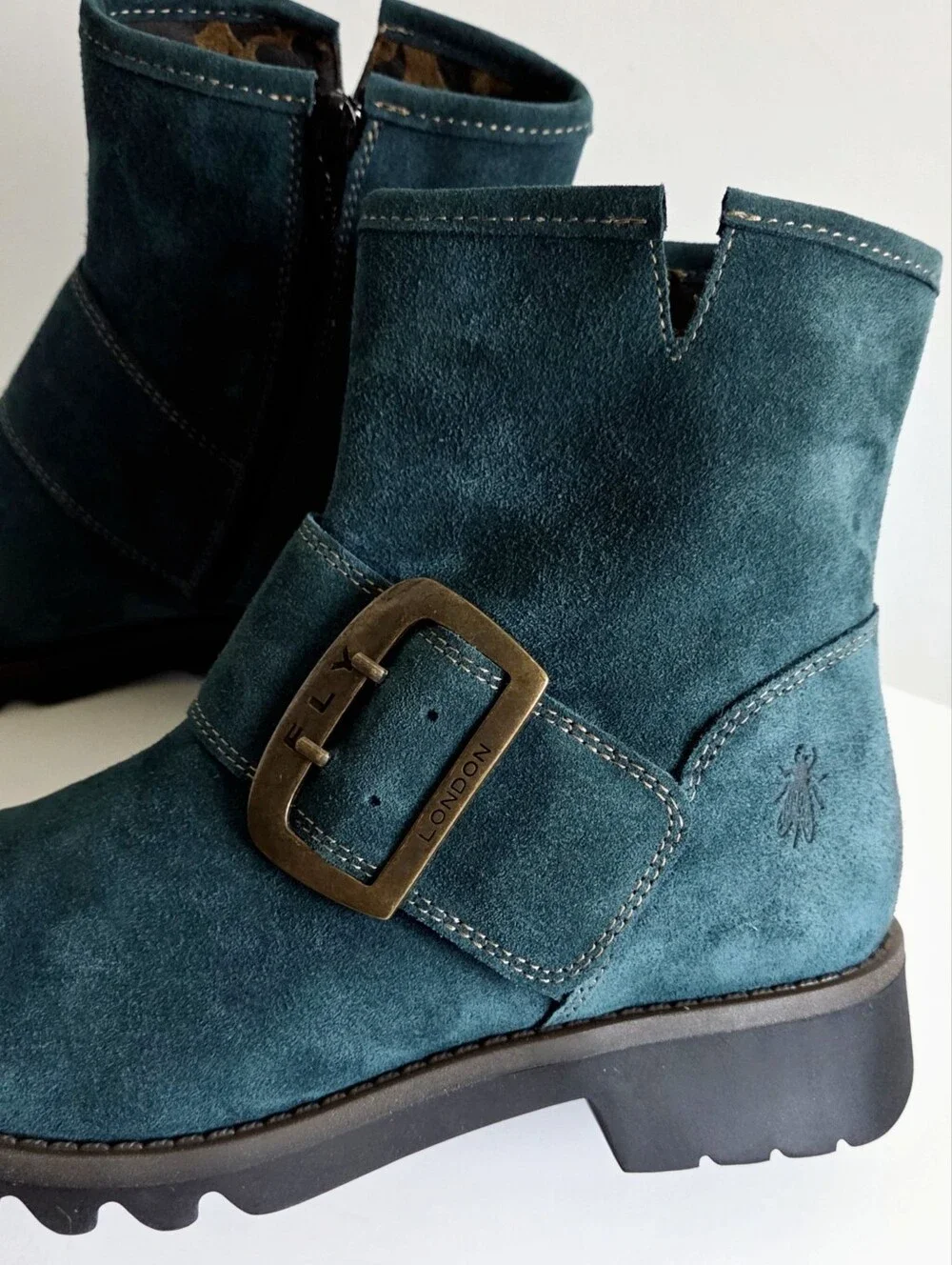 NWOT Fly London Rily Bootie "Oil Suede Petrol" / Teal, Big Buckle Sz 40, 9-9.5 - Picture 2 of 15